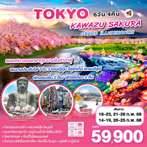 GO2NRT-TG063 ทัวร์ญี่ปุ่น โตเกียว เทศกาลดอกซากุระบานในคาวาซุ สกีรีสอร์ท อิสระเต็มวัน [FEB] 6วัน 4คืน บิน THAI AIRWAYS