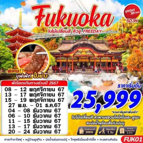 FUK01 ทัวร์ญี่ปุ่น ฟุกุโอกะ (FUKUOKA AUTUMN ใบไม้เปลี่ยนสี คิวชู) [NOV-DEC] 5วัน 3คืน บิน THAI VIETJET AIR