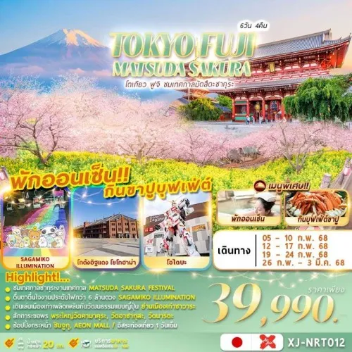 XJ-NRT012 ทัวร์ญี่ปุ่น โตเกียว นาริตะ เทศกาลมัตสึดะ ซากุระ อิสระเต็มวัน [FEB] 6วัน 4คืน บิน AIR ASIA X