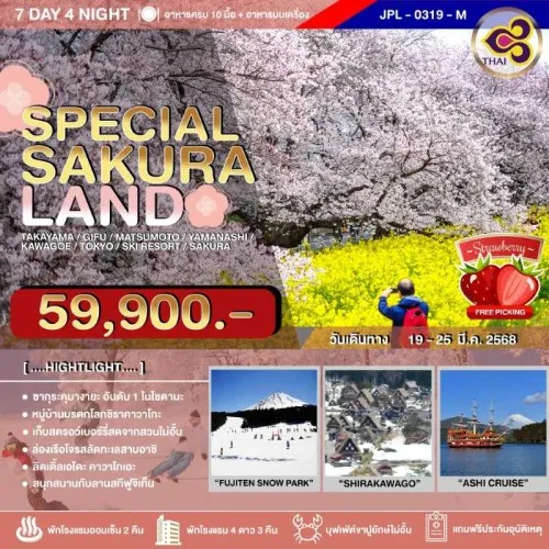 JPL-0319-M ทัวร์ญี่ปุ่น โตเกียว ทาคายาม่า มัตสึโมโต้ (SPECIAL SAKURALAND) [MAR] 7วัน 4คืน บิน TG