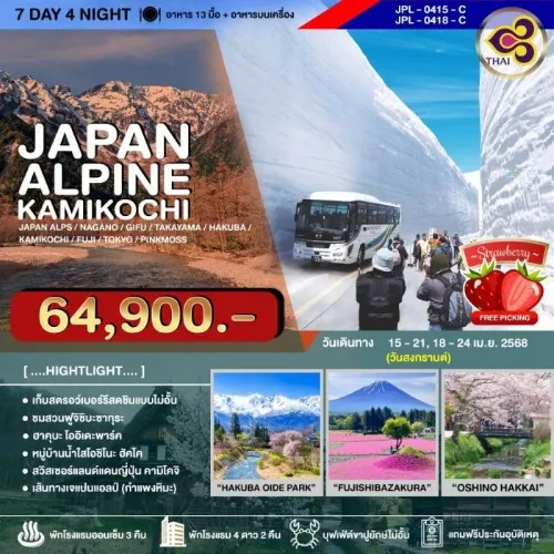 JPL-0415-C ทัวร์ญี่ปุ่น โตเกียว ทาคายาม่า ฮาคุบะ (JAPAN ALPINE KAMIKOCHI PINKMOSS) [APR] 7วัน 4คืน บิน TG