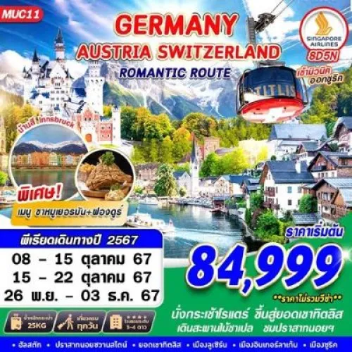 MUC11 ทัวร์ยุโรป เยอรมัน ออสเตรีย สวิตเซอร์แลนด์ (ROMANTIC ROUTE) [OCT-NOV] 8วัน 5คืน บิน SINGAPORE AIRLINES