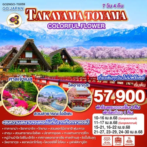 GO2NGO-TG059 ทัวร์ญี่ปุ่น นาโกย่า ทาคายาม่า โตเกียว TAKAYAMA TOYAMA COLORFUL FLOWER [APR] 7วัน 4คืน บิน THAI AIRWAYS