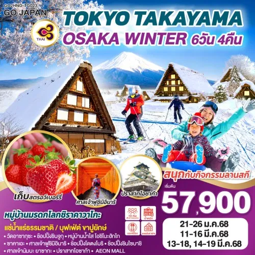 GO2HND-TG023 ทัวร์ญี่ปุ่น โตเกียว สกีรีสอร์ท TOKYO TAKAYAMA OSAKA WINTER [JAN-MAR] 6วัน 4คืน บิน THAI AIRWAYS