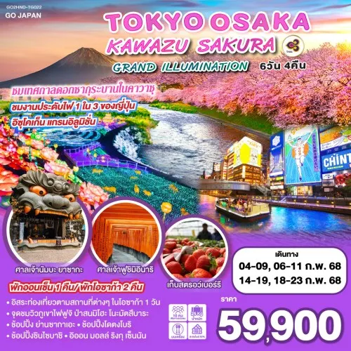 GO2HND-TG022 ทัวร์ญี่ปุ่น โตเกียว โอซาก้า นาโกย่า เกียวโต เทศกาลดอกซากุระบานในคาวาซุ อิสระเต็มวัน [FEB] 6วัน 4คืน บิน THAI AIRWAYS